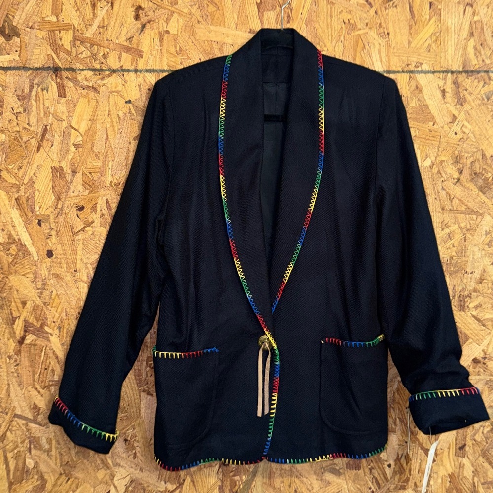 VTG 80s Southwestern Black Wool Blazer Jacket Rainbow Trim Wool Blend USA Large